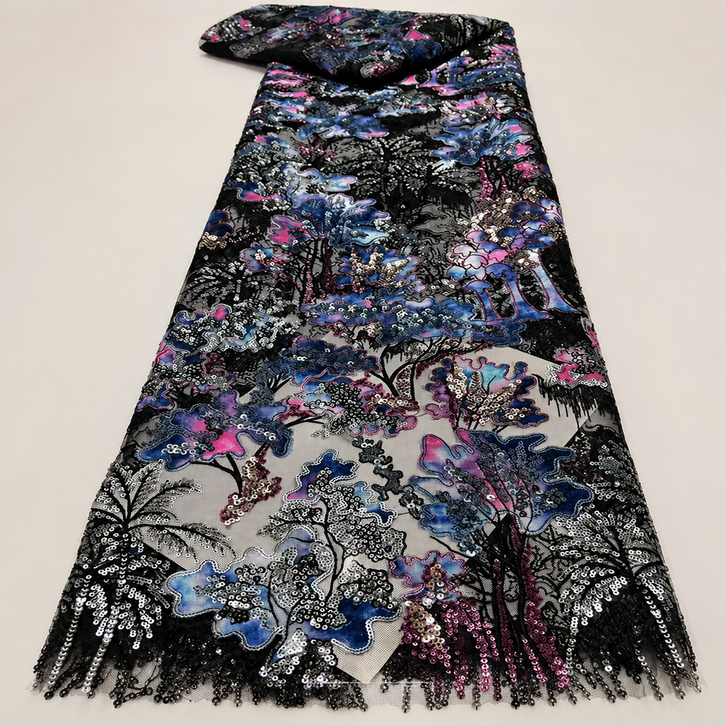 Black Botanical Beaded Lace Fabric by the Yard – Luxury Sequin Embroidered Tulle