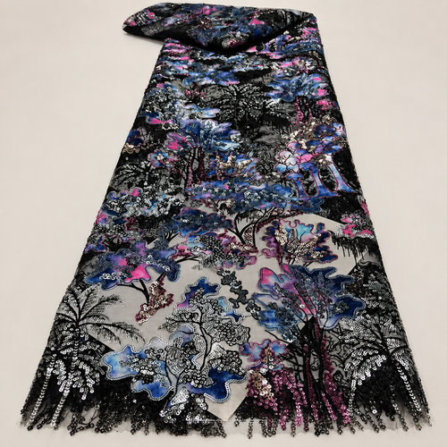 Black Botanical Beaded Lace Fabric by the Yard – Luxury Sequin Embroidered Tulle