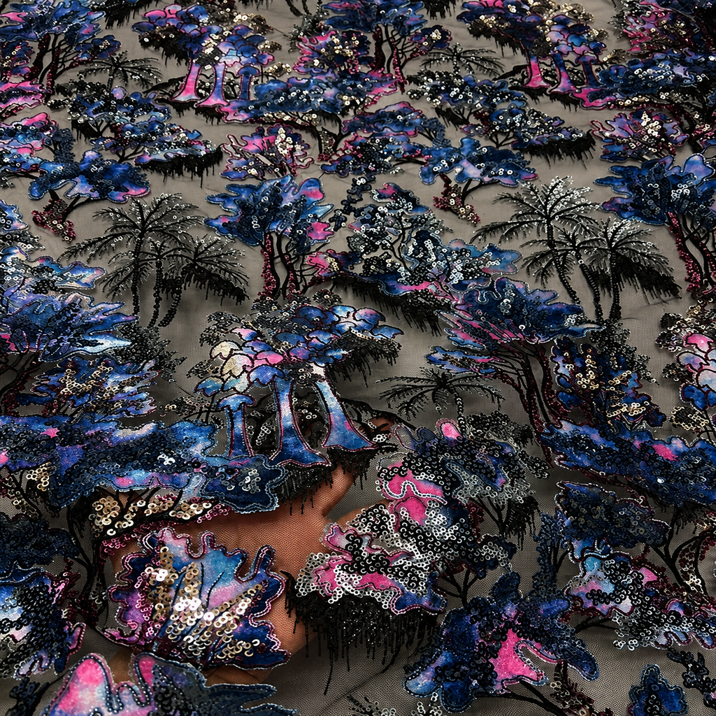 Black Botanical Beaded Lace Fabric by the Yard – Luxury Sequin Embroidered Tulle