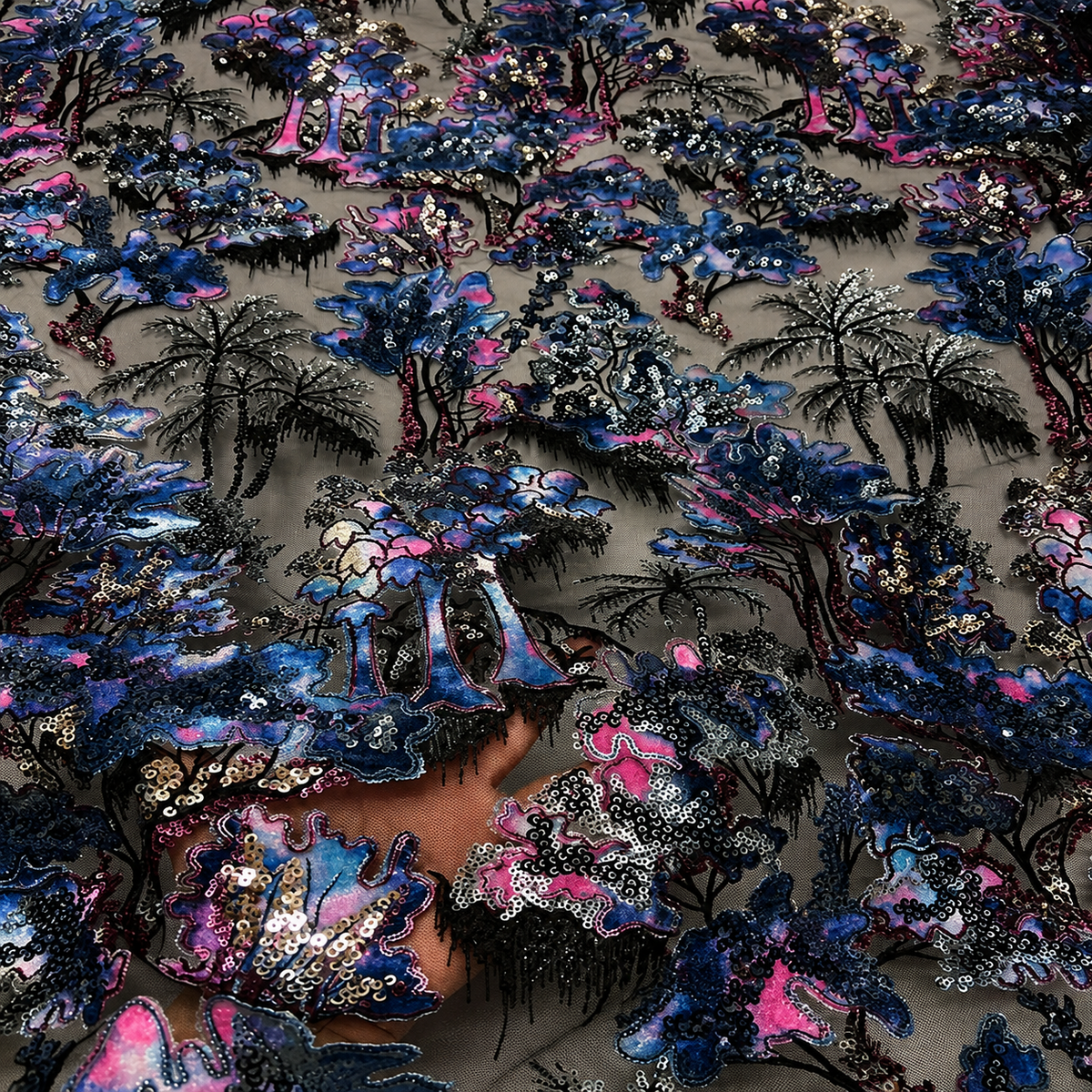 Black Botanical Beaded Lace Fabric by the Yard – Luxury Sequin Embroidered Tulle