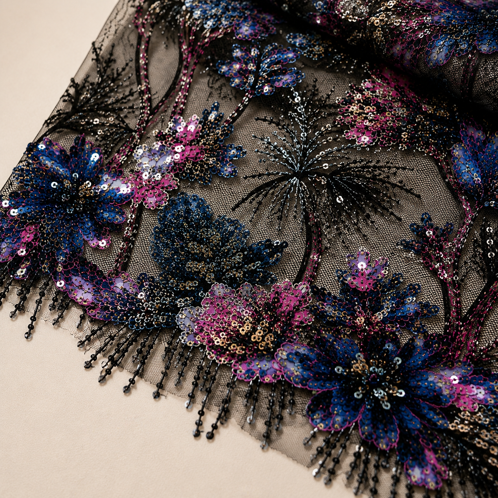 Black Botanical Beaded Lace Fabric by the Yard – Luxury Sequin Embroidered Tulle