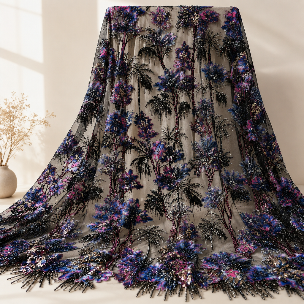 Black Botanical Beaded Lace Fabric by the Yard – Luxury Sequin Embroidered Tulle