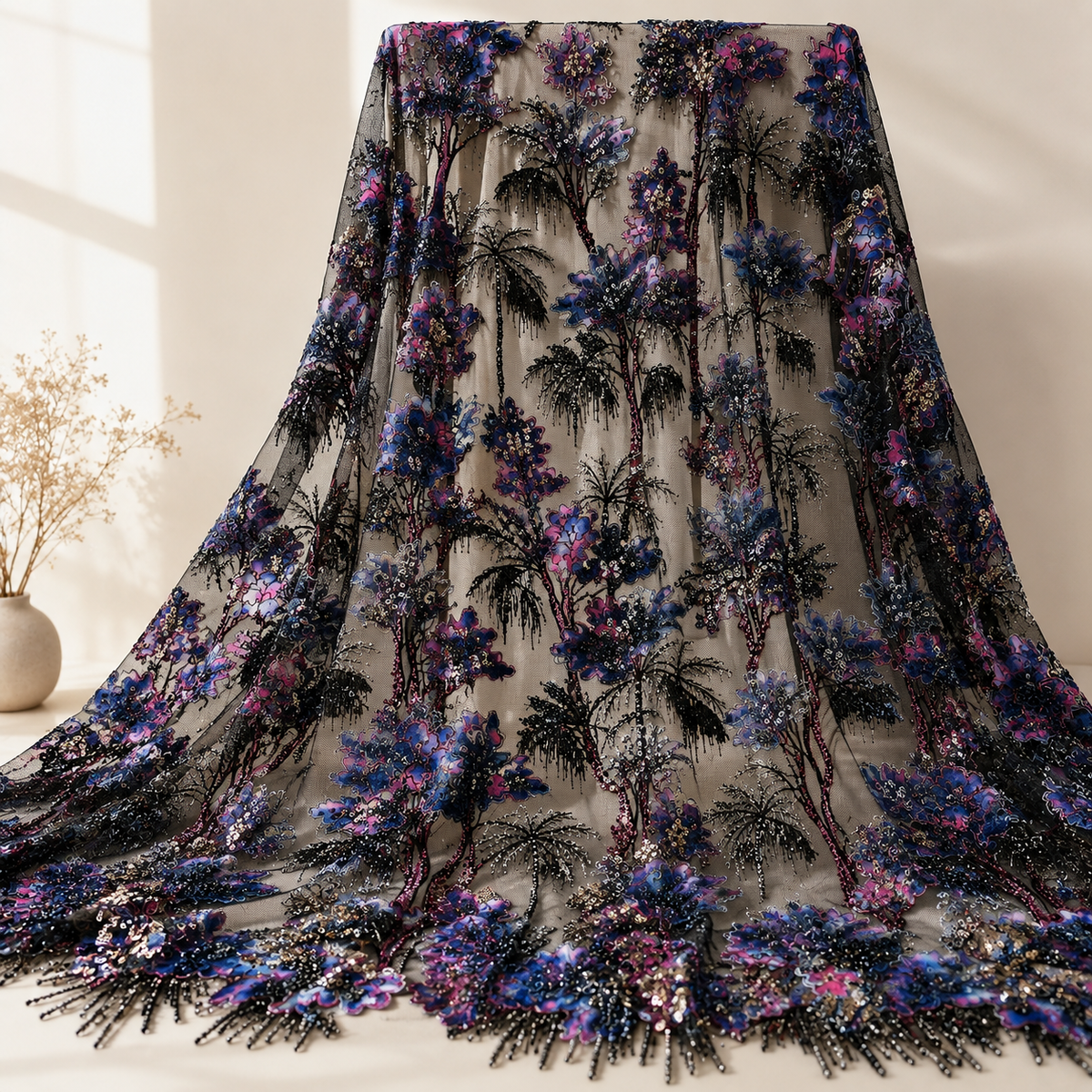 Black Botanical Beaded Lace Fabric by the Yard – Luxury Sequin Embroidered Tulle
