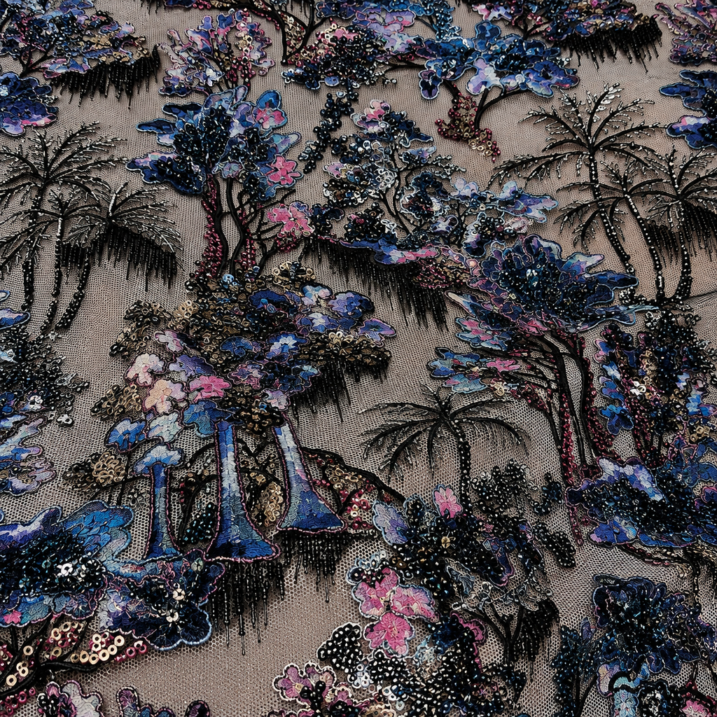 Black Botanical Beaded Lace Fabric by the Yard – Luxury Sequin Embroidered Tulle