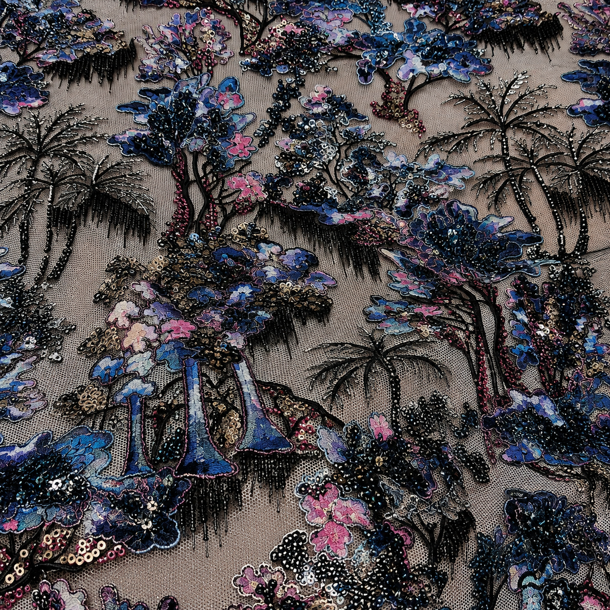 Black Botanical Beaded Lace Fabric by the Yard – Luxury Sequin Embroidered Tulle