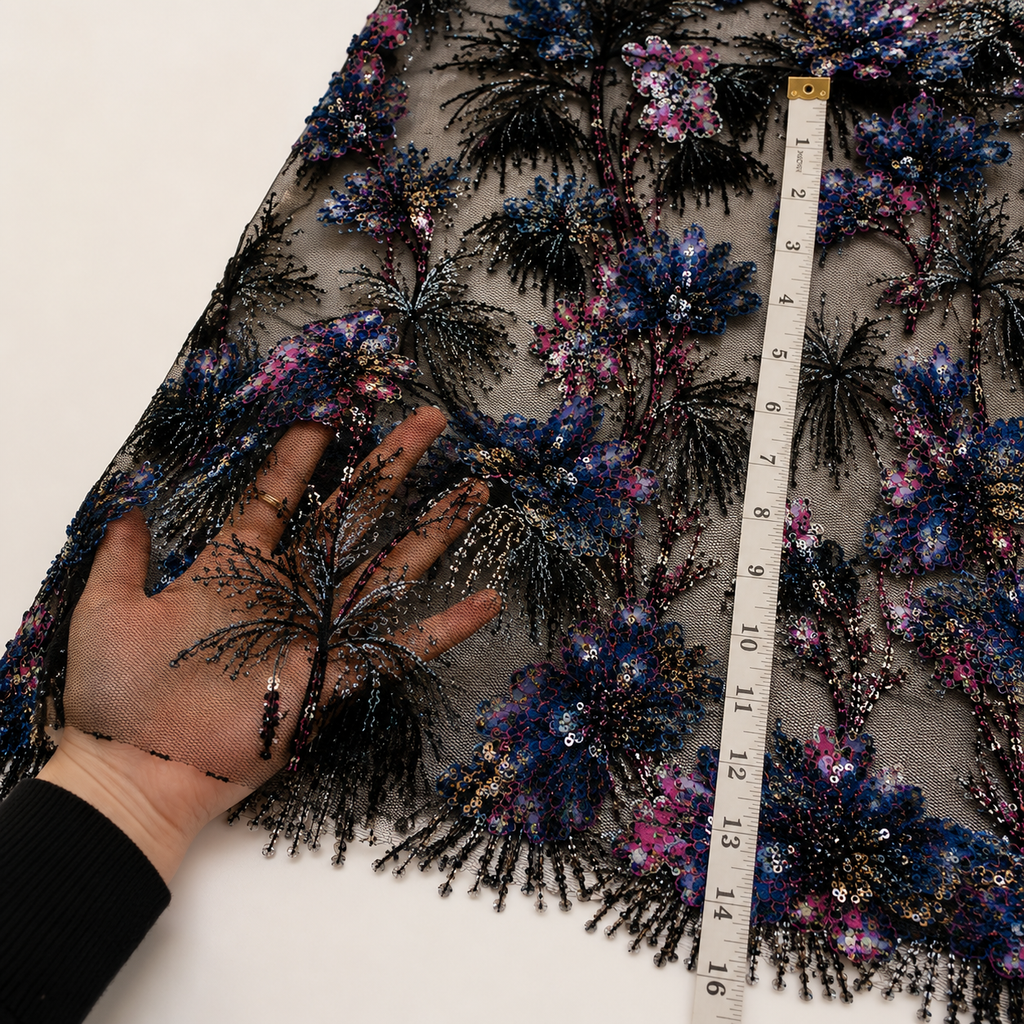 Black Botanical Beaded Lace Fabric by the Yard – Luxury Sequin Embroidered Tulle
