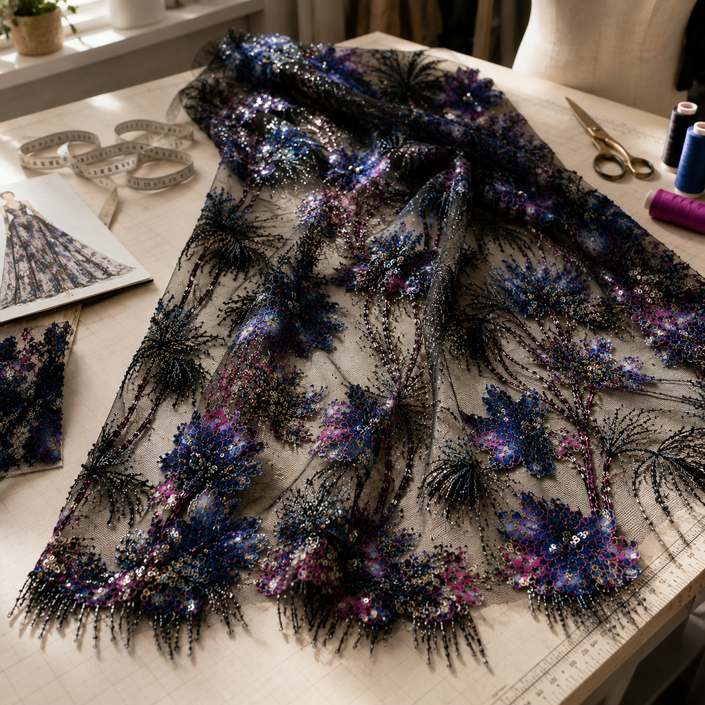 Black Botanical Beaded Lace Fabric by the Yard – Luxury Sequin Embroidered Tulle