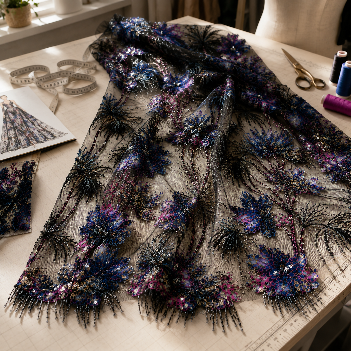 Black Botanical Beaded Lace Fabric by the Yard – Luxury Sequin Embroidered Tulle