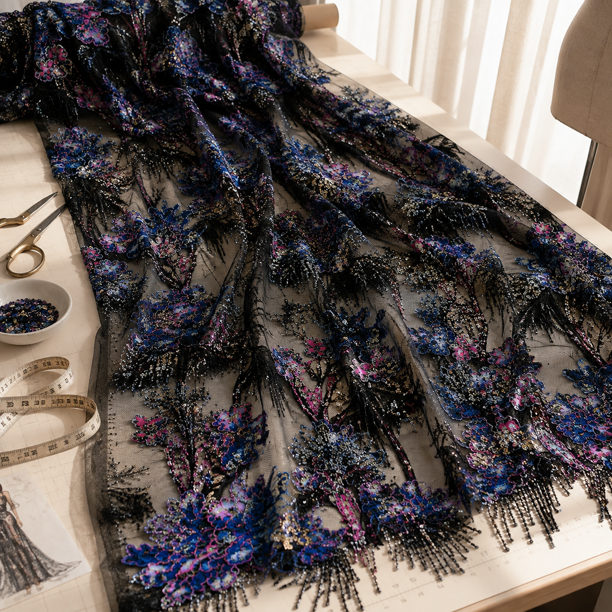 Black Botanical Beaded Lace Fabric by the Yard – Luxury Sequin Embroidered Tulle