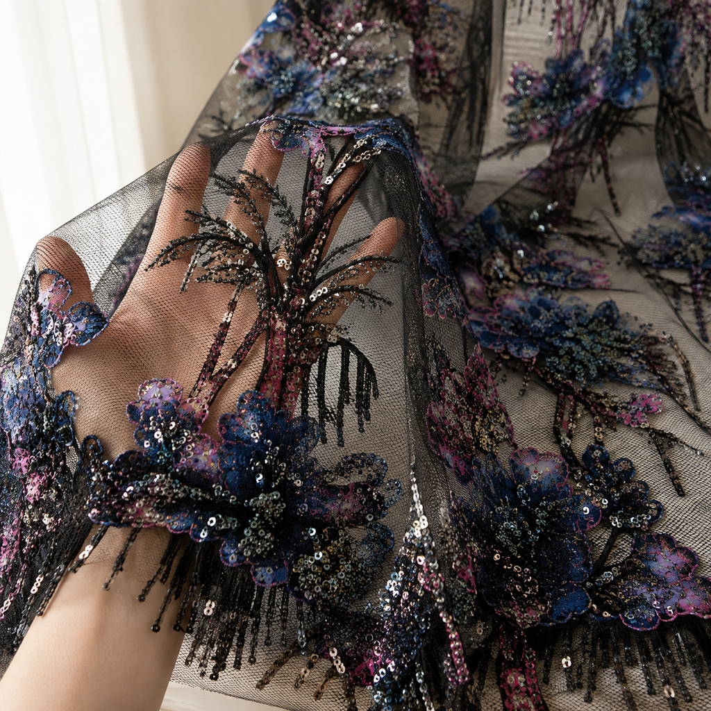 Black Botanical Beaded Lace Fabric by the Yard – Luxury Sequin Embroidered Tulle