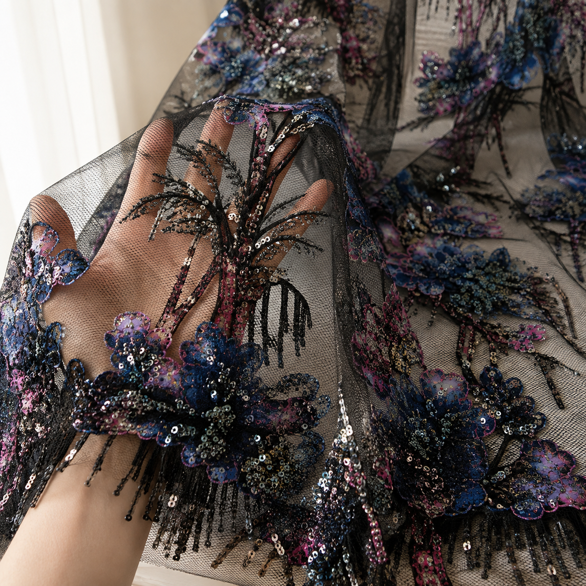Black Botanical Beaded Lace Fabric by the Yard – Luxury Sequin Embroidered Tulle