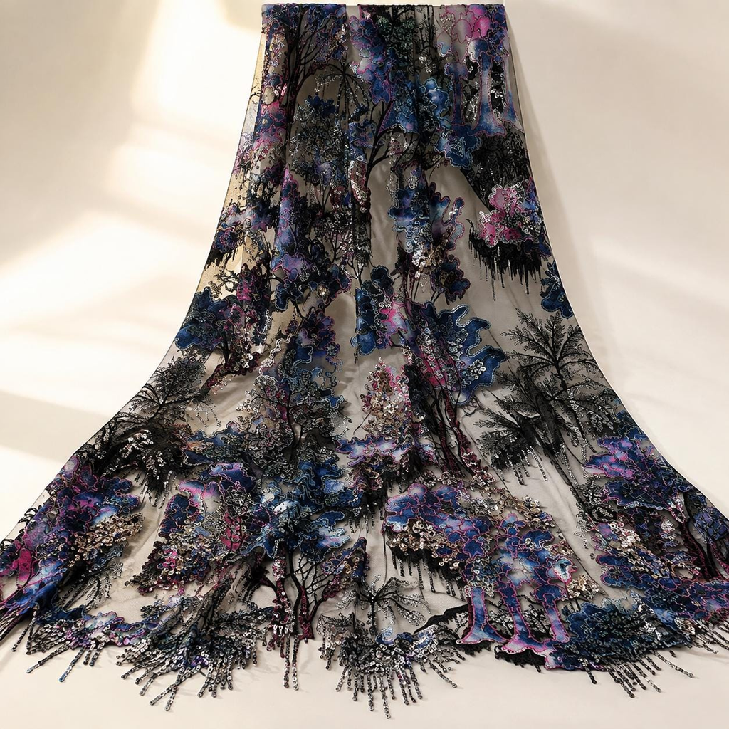 Black Botanical Beaded Lace Fabric by the Yard – Luxury Sequin Embroidered Tulle