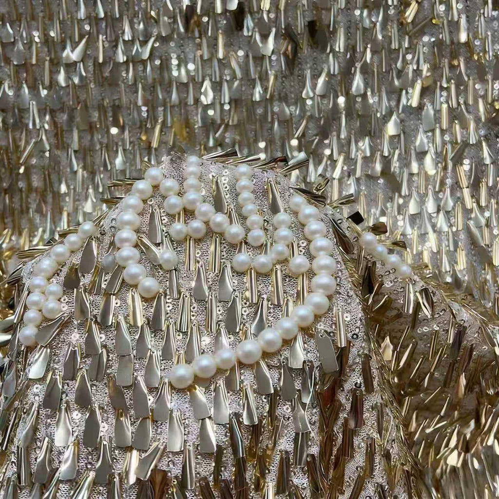 Gold Silver Fringe Sequin Fabric by the Yard | 3D Metallic Tassel Mesh for Evening Gown Stage Costume | Spike Sequin Couture Fabric 51"