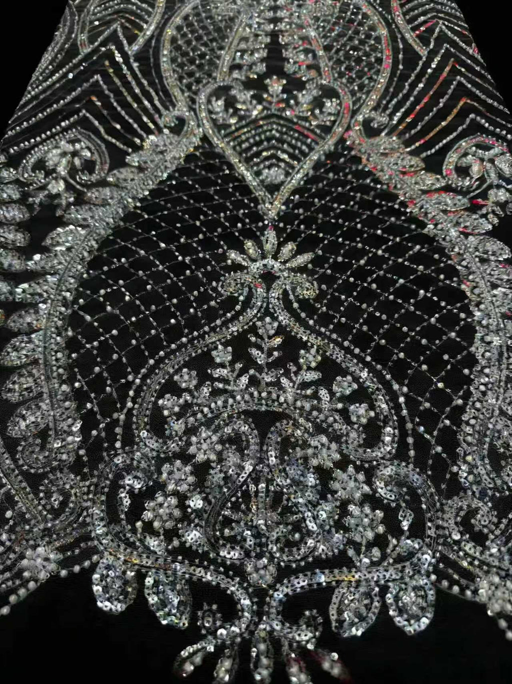 Crystal Sequin Beaded Lace Fabric by the Yard | Baroque Embroidered Tulle for Wedding Dress Bridal Gown | Black White Formal Wear 52"