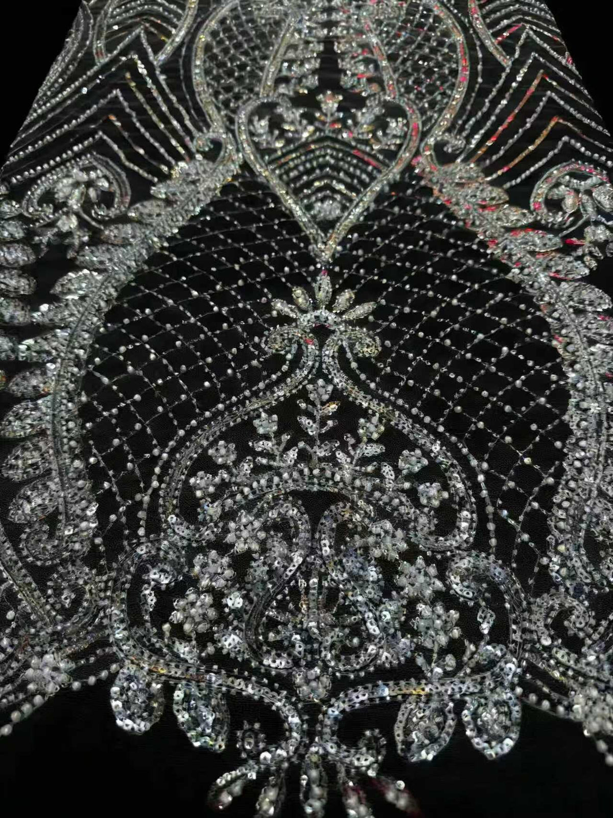 Crystal Sequin Beaded Lace Fabric by the Yard | Baroque Embroidered Tulle for Wedding Dress Bridal Gown | Black White Formal Wear 52"