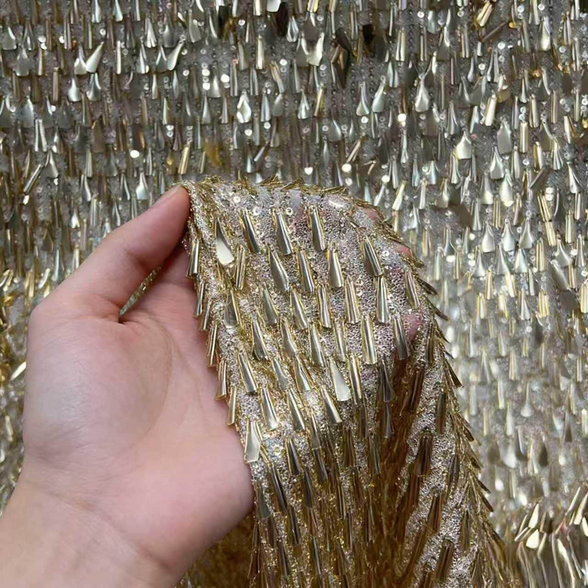 Gold Silver Fringe Sequin Fabric by the Yard | 3D Metallic Tassel Mesh for Evening Gown Stage Costume | Spike Sequin Couture Fabric 51"