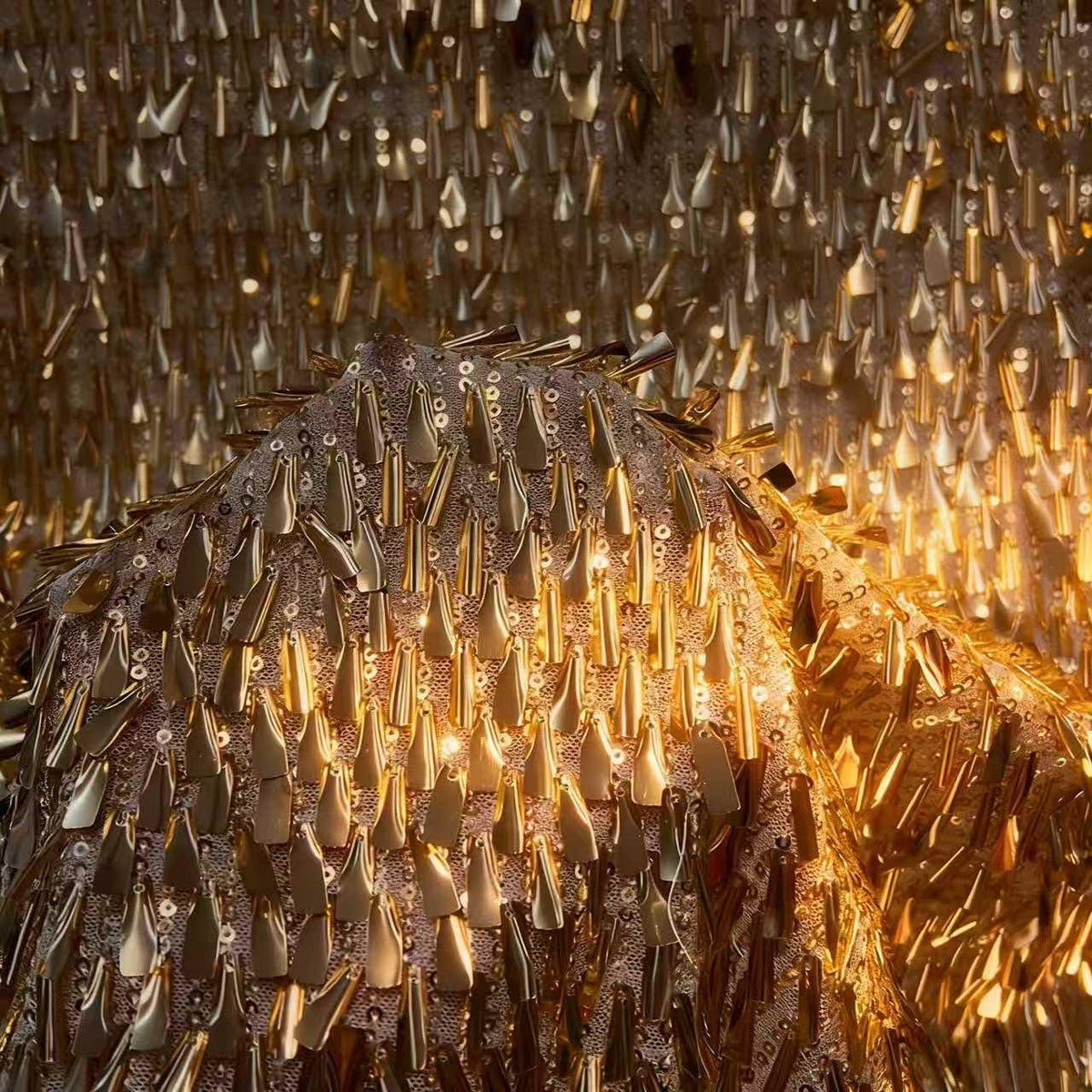 Gold Silver Fringe Sequin Fabric by the Yard | 3D Metallic Tassel Mesh for Evening Gown Stage Costume | Spike Sequin Couture Fabric 51"