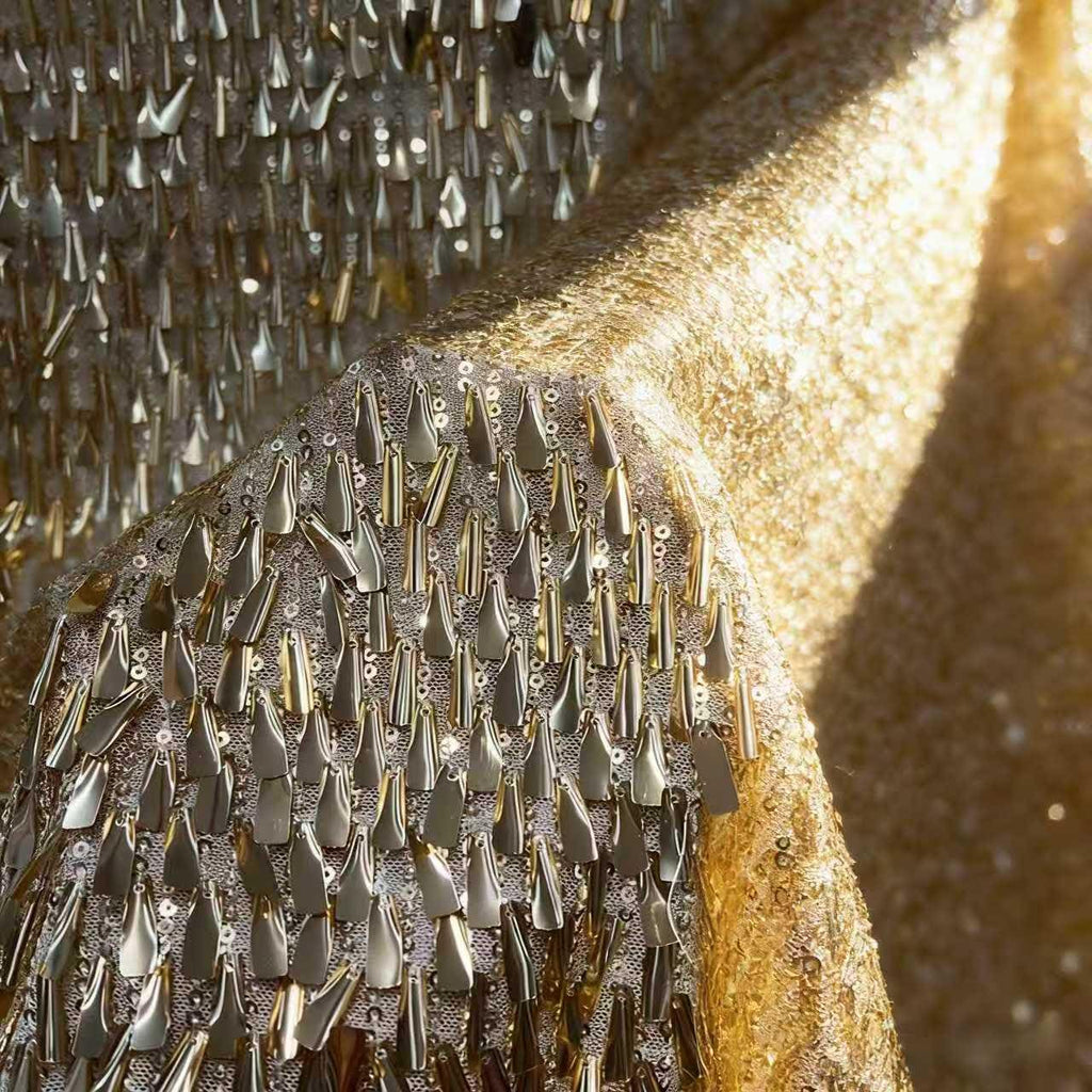 Gold Silver Fringe Sequin Fabric by the Yard | 3D Metallic Tassel Mesh for Evening Gown Stage Costume | Spike Sequin Couture Fabric 51"