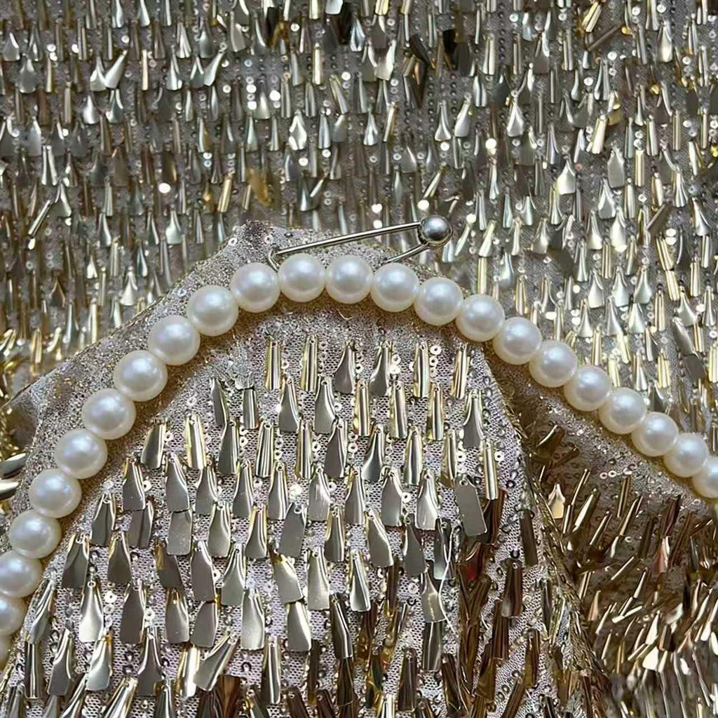 Gold Silver Fringe Sequin Fabric by the Yard | 3D Metallic Tassel Mesh for Evening Gown Stage Costume | Spike Sequin Couture Fabric 51"