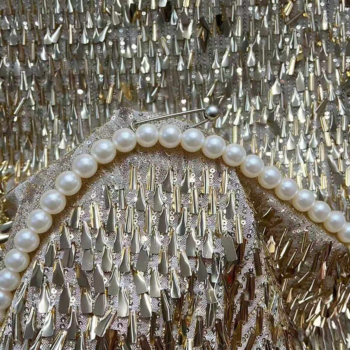 Gold Silver Fringe Sequin Fabric by the Yard | 3D Metallic Tassel Mesh for Evening Gown Stage Costume | Spike Sequin Couture Fabric 51"
