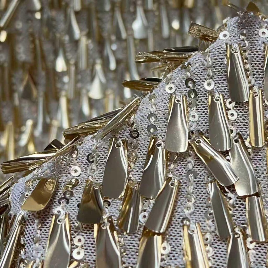 Gold Silver Fringe Sequin Fabric by the Yard | 3D Metallic Tassel Mesh for Evening Gown Stage Costume | Spike Sequin Couture Fabric 51"