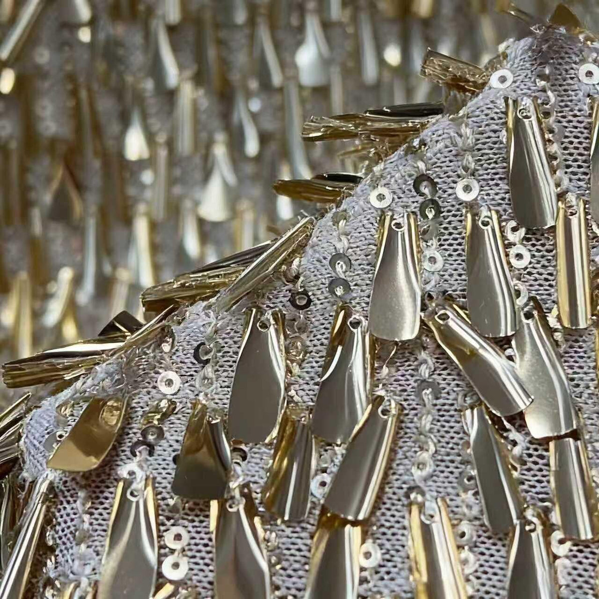 Gold Silver Fringe Sequin Fabric by the Yard | 3D Metallic Tassel Mesh for Evening Gown Stage Costume | Spike Sequin Couture Fabric 51"