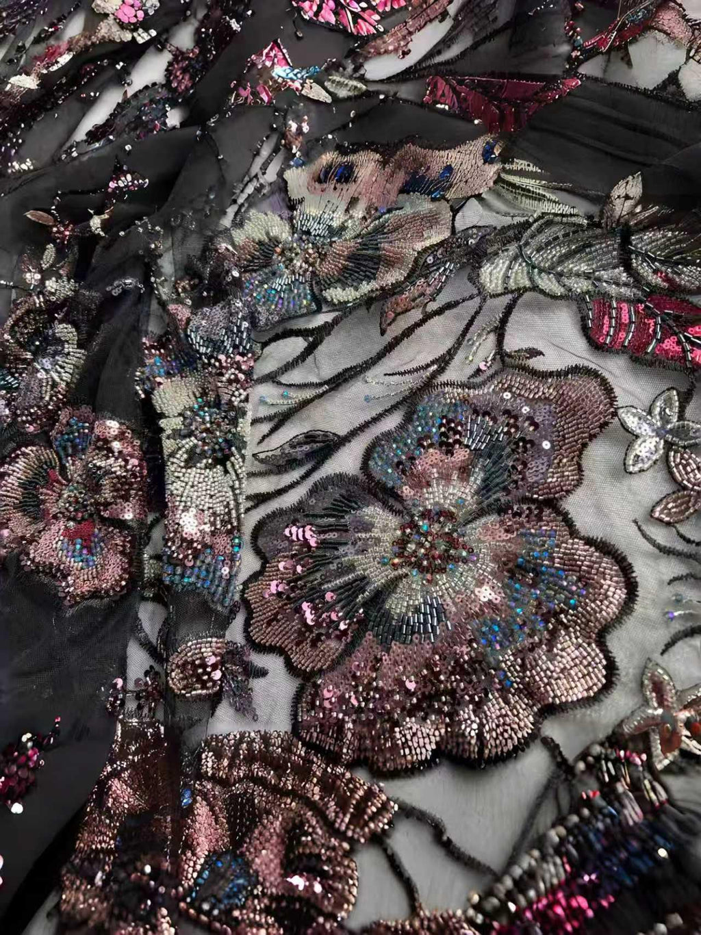 Beaded Sequin Lace Fabric | Multicolor Floral Tulle for Wedding Dress, Bridal Gown