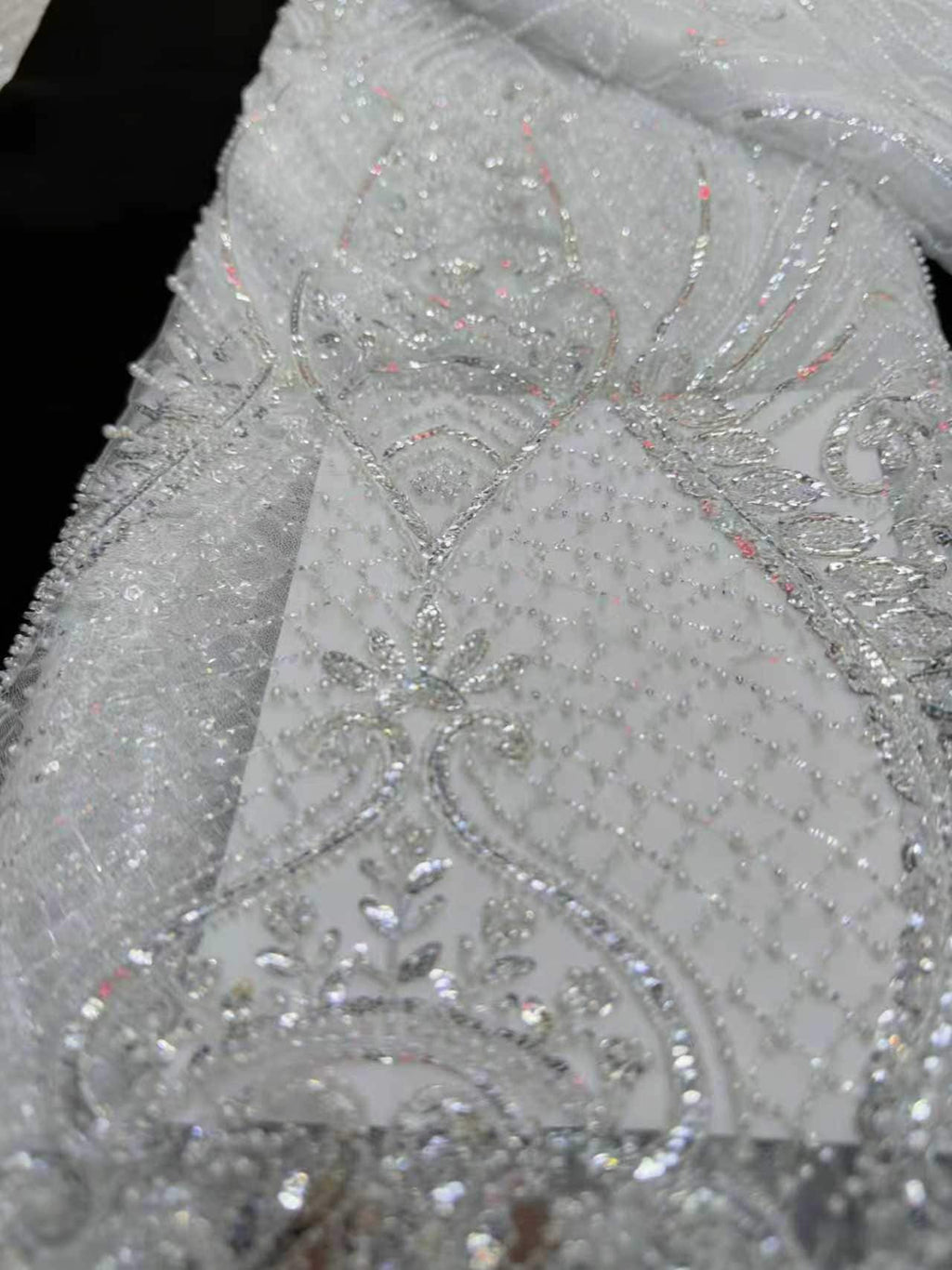 Crystal Sequin Beaded Lace Fabric by the Yard | Baroque Embroidered Tulle for Wedding Dress Bridal Gown | Black White Formal Wear 52"