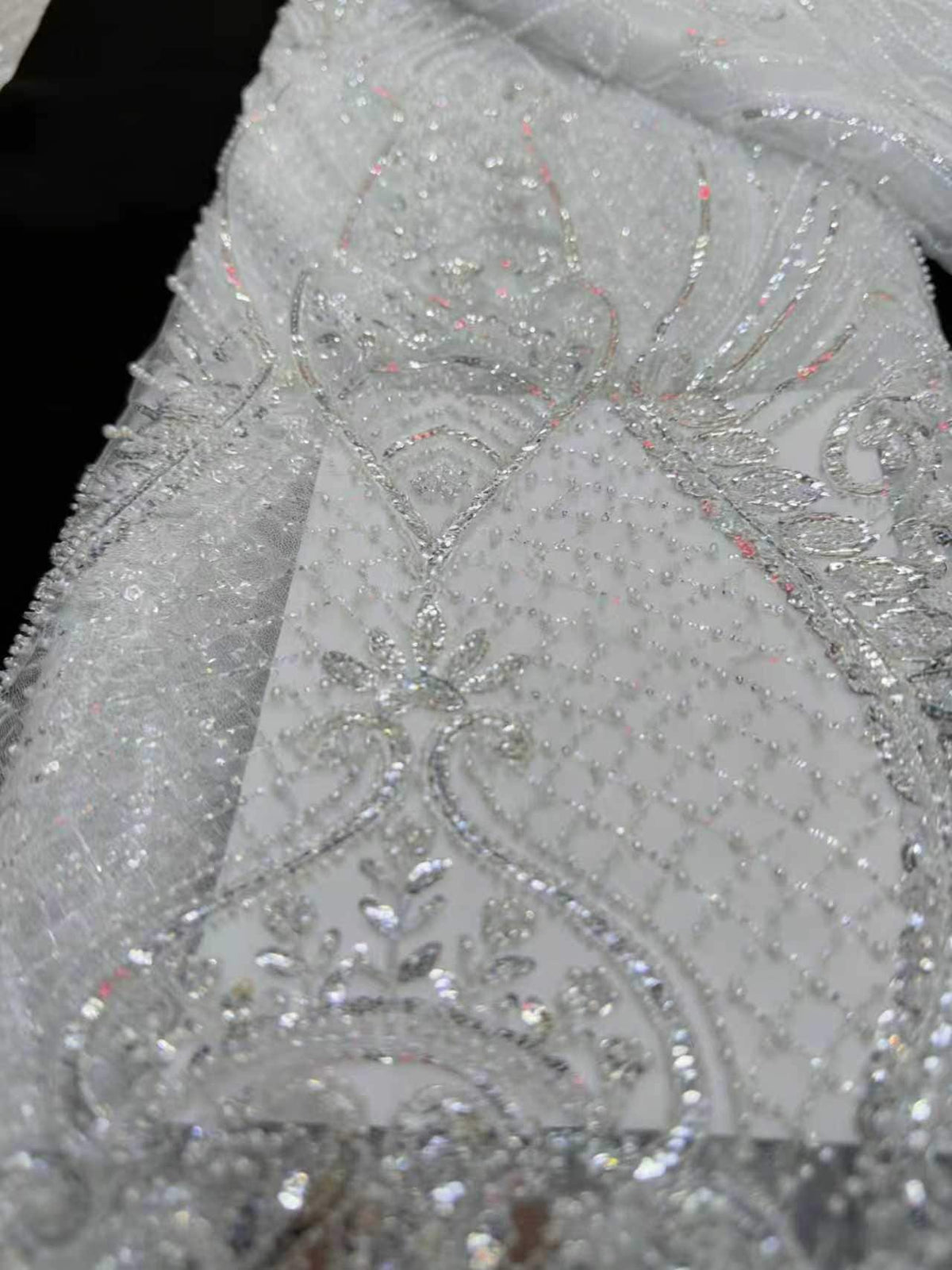Crystal Sequin Beaded Lace Fabric by the Yard | Baroque Embroidered Tulle for Wedding Dress Bridal Gown | Black White Formal Wear 52"