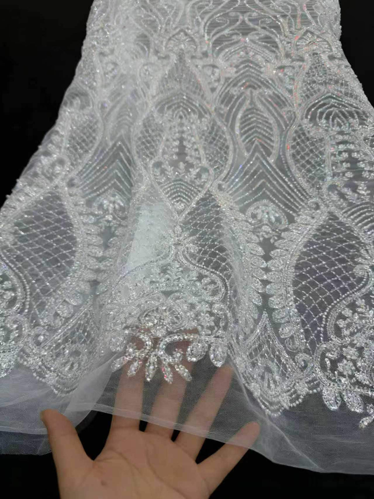 Crystal Sequin Beaded Lace Fabric by the Yard | Baroque Embroidered Tulle for Wedding Dress Bridal Gown | Black White Formal Wear 52"