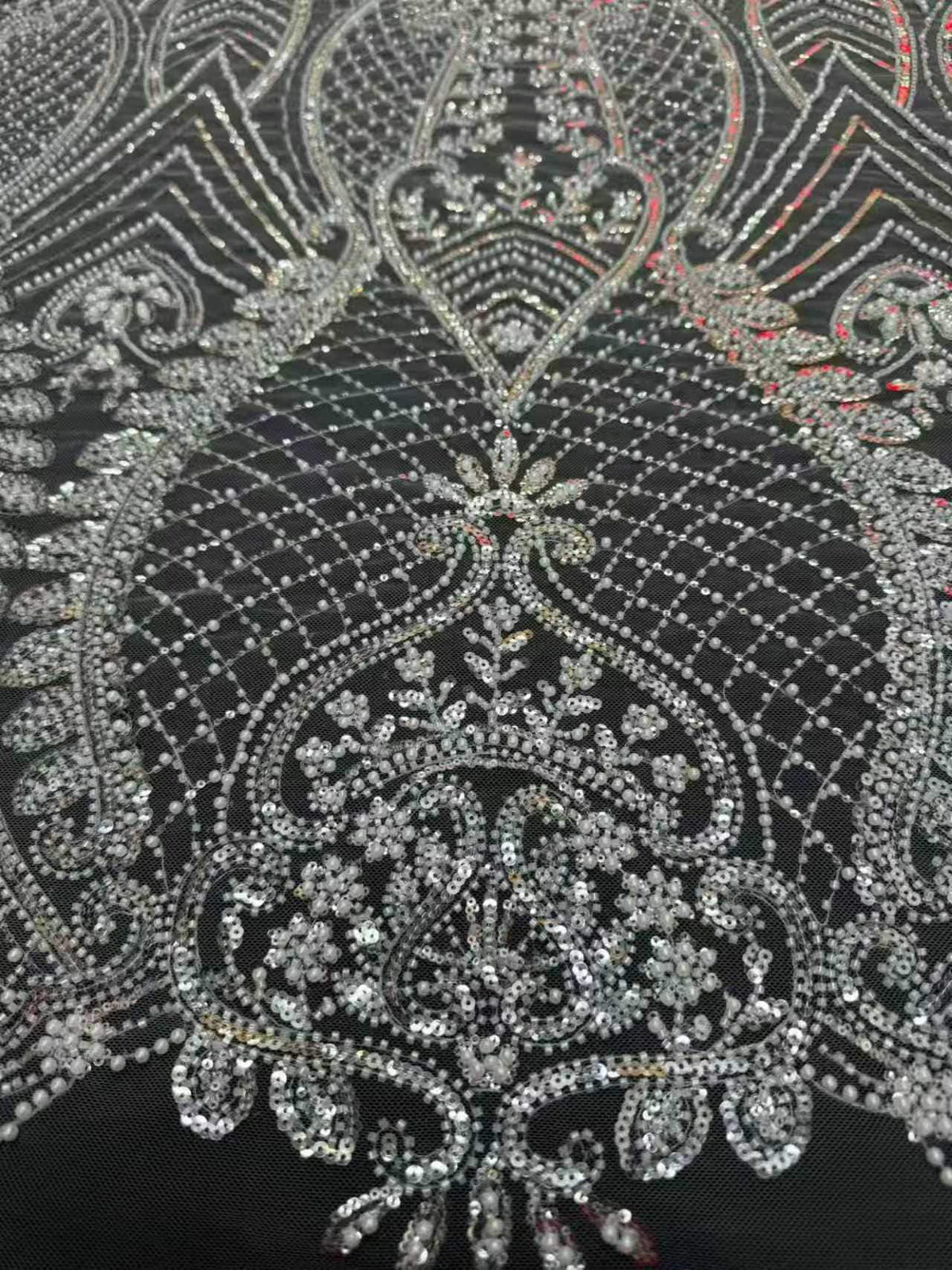 Crystal Sequin Beaded Lace Fabric by the Yard | Baroque Embroidered Tulle for Wedding Dress Bridal Gown | Black White Formal Wear 52"