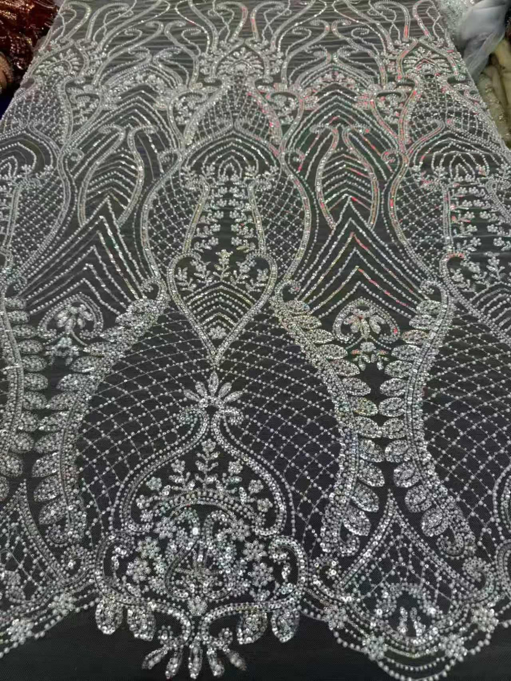 Crystal Sequin Beaded Lace Fabric by the Yard | Baroque Embroidered Tulle for Wedding Dress Bridal Gown | Black White Formal Wear 52"