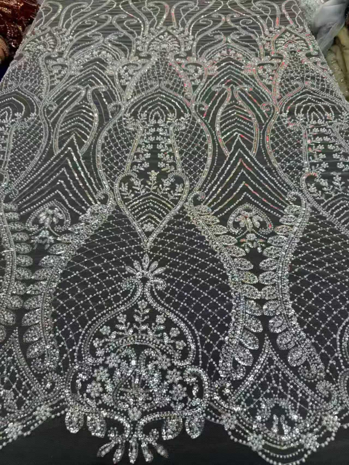 Crystal Sequin Beaded Lace Fabric by the Yard | Baroque Embroidered Tulle for Wedding Dress Bridal Gown | Black White Formal Wear 52"