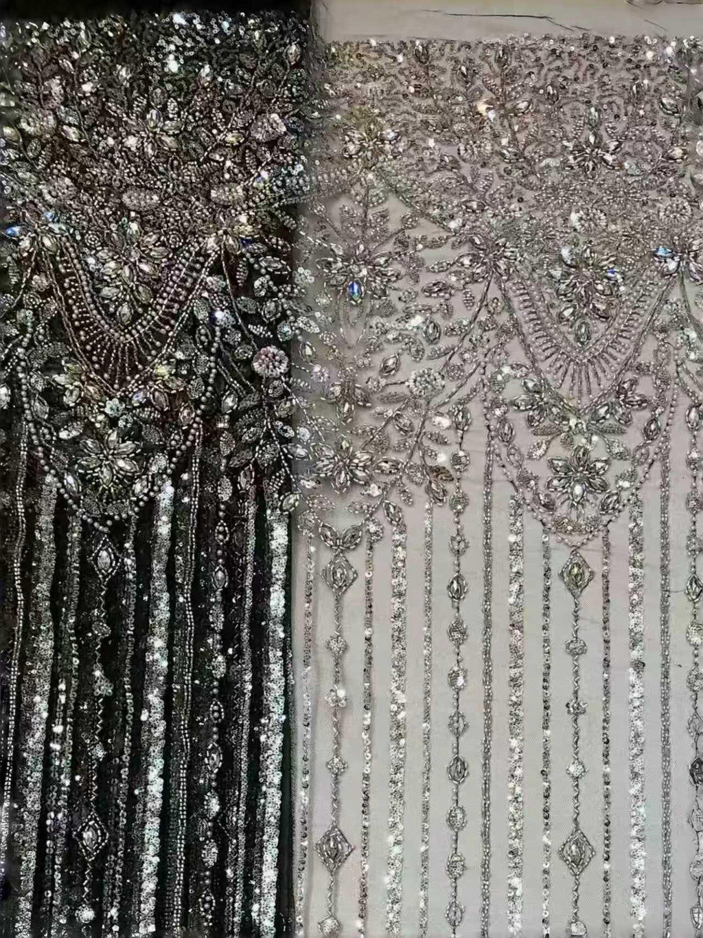 Crystal Tassel Beaded Lace Fabric by the Yard | Hand Beaded Chain Fringe Tulle for Wedding Dress Bridal Gown | Luxury Formal Fabric 51"