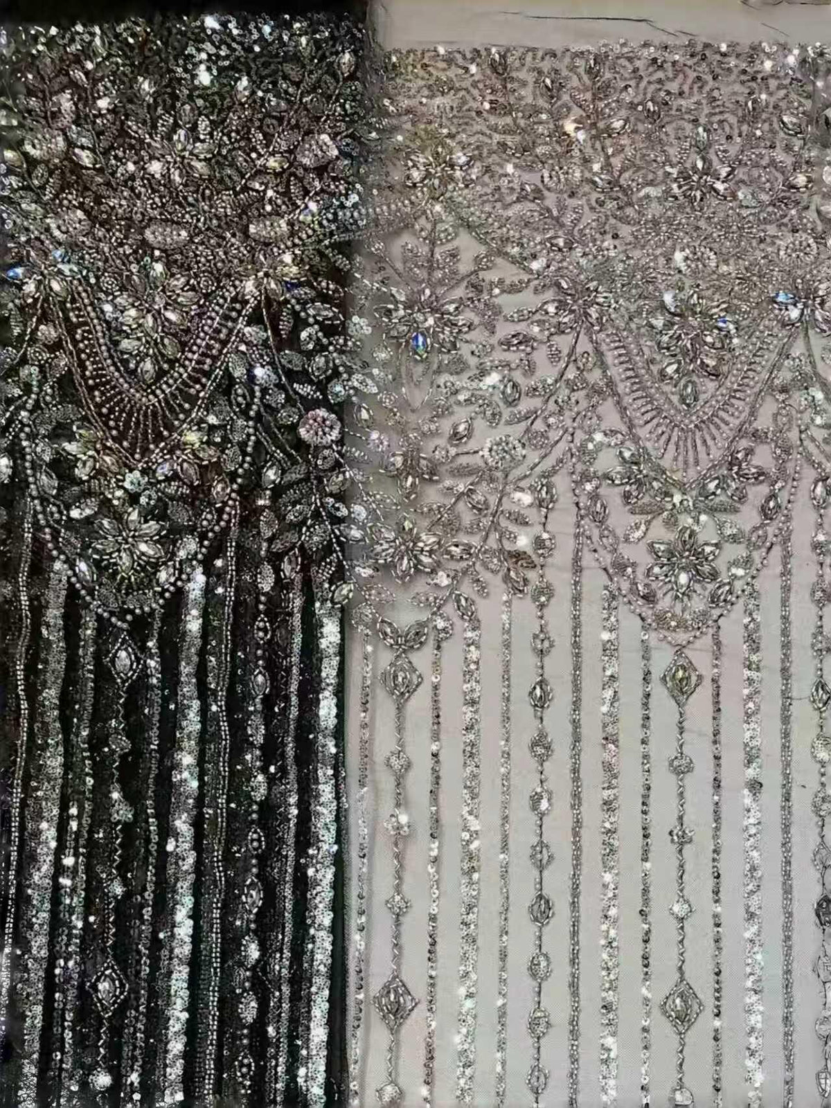 Crystal Tassel Beaded Lace Fabric by the Yard | Hand Beaded Chain Fringe Tulle for Wedding Dress Bridal Gown | Luxury Formal Fabric 51"