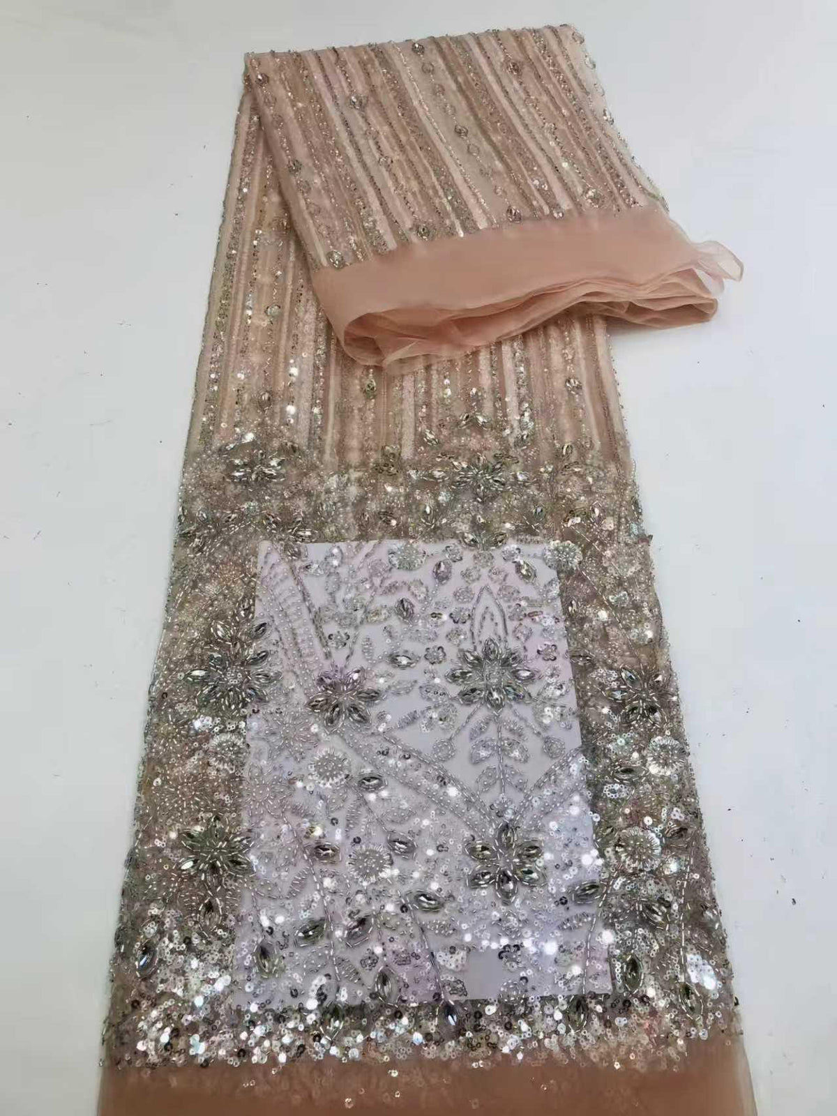 Crystal Tassel Beaded Lace Fabric by the Yard | Hand Beaded Chain Fringe Tulle for Wedding Dress Bridal Gown | Luxury Formal Fabric 51"