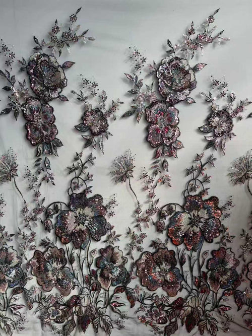 Beaded Sequin Lace Fabric | Multicolor Floral Tulle for Wedding Dress, Bridal Gown