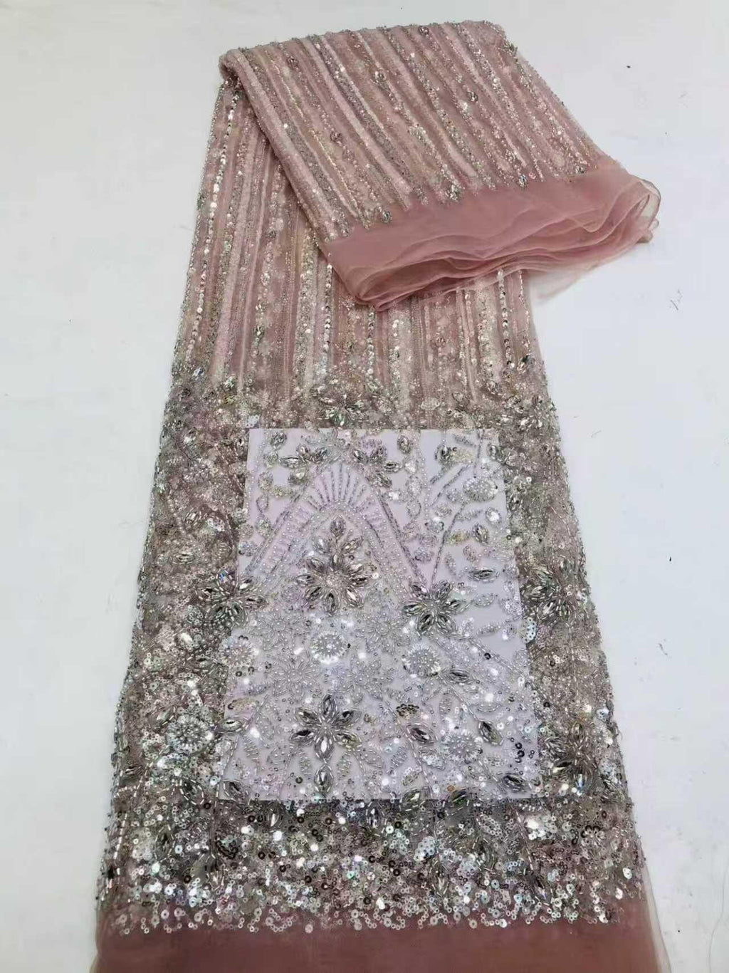 Crystal Tassel Beaded Lace Fabric by the Yard | Hand Beaded Chain Fringe Tulle for Wedding Dress Bridal Gown | Luxury Formal Fabric 51"