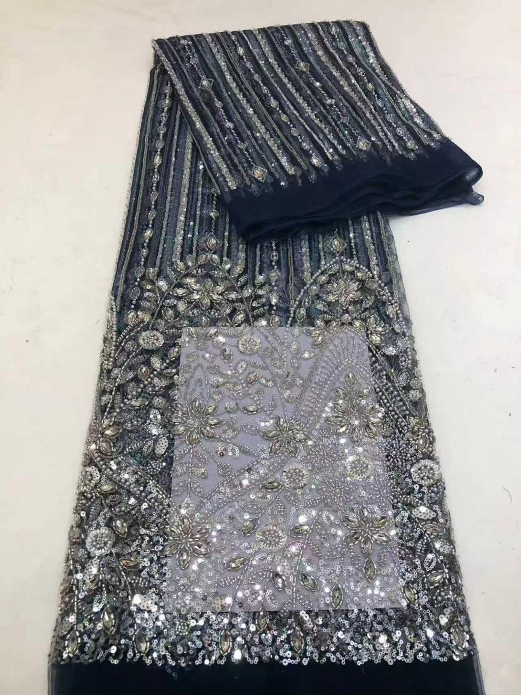 Crystal Tassel Beaded Lace Fabric by the Yard | Hand Beaded Chain Fringe Tulle for Wedding Dress Bridal Gown | Luxury Formal Fabric 51"