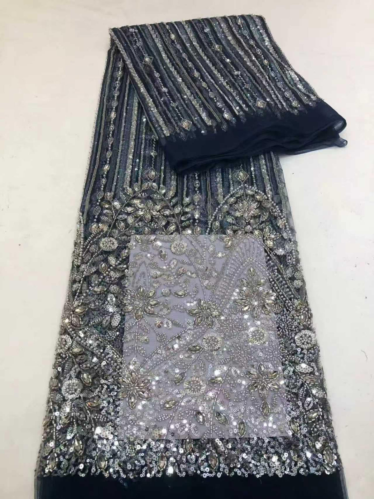 Crystal Tassel Beaded Lace Fabric by the Yard | Hand Beaded Chain Fringe Tulle for Wedding Dress Bridal Gown | Luxury Formal Fabric 51"
