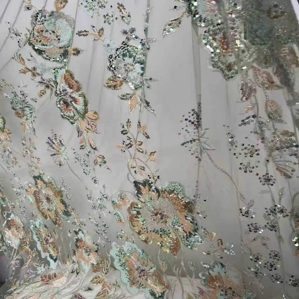 Luxury Beaded Embroidered Tulle Fabric by the Yard, Sequin Bridal Lace for Couture Wedding Dress