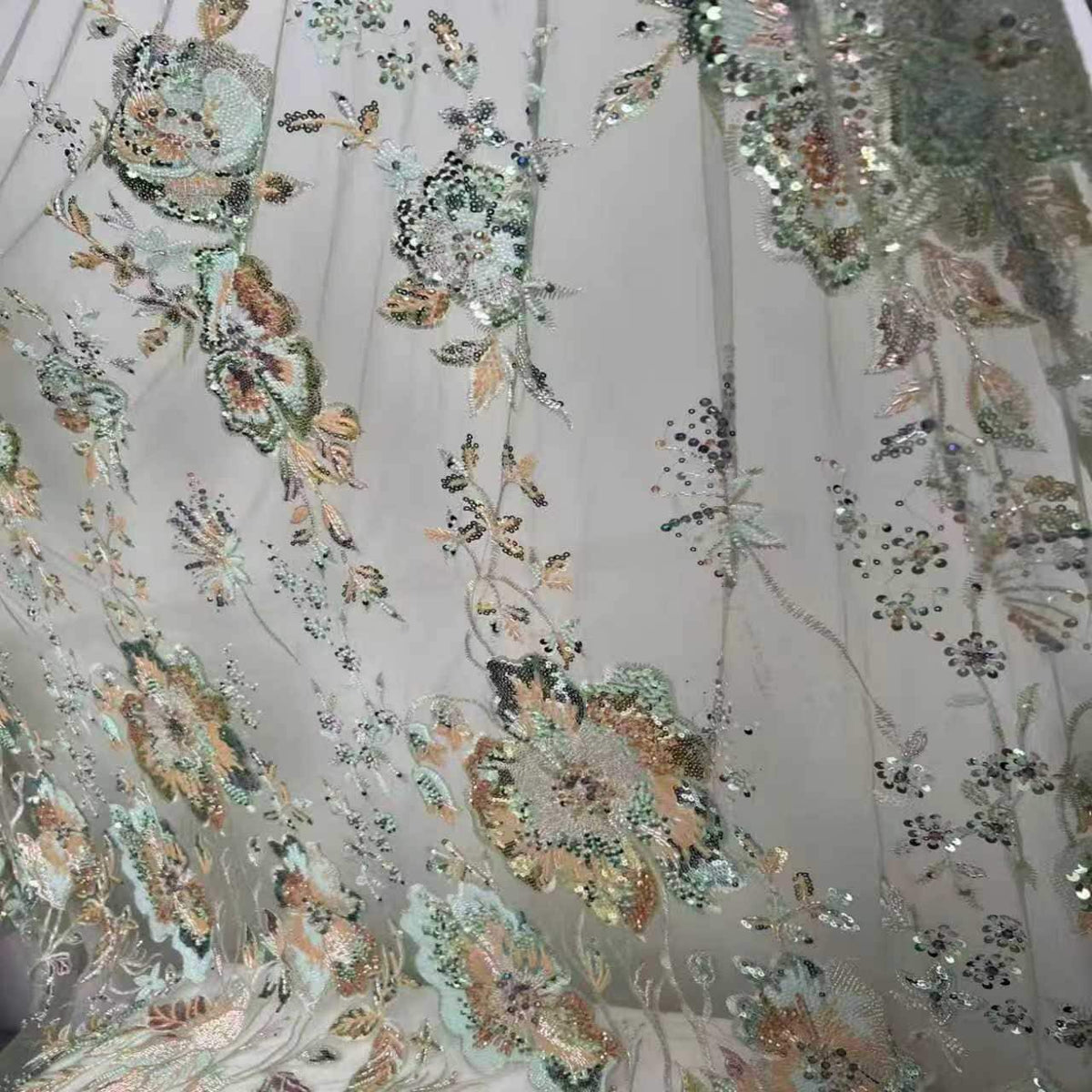 Luxury Beaded Embroidered Tulle Fabric by the Yard, Sequin Bridal Lace for Couture Wedding Dress