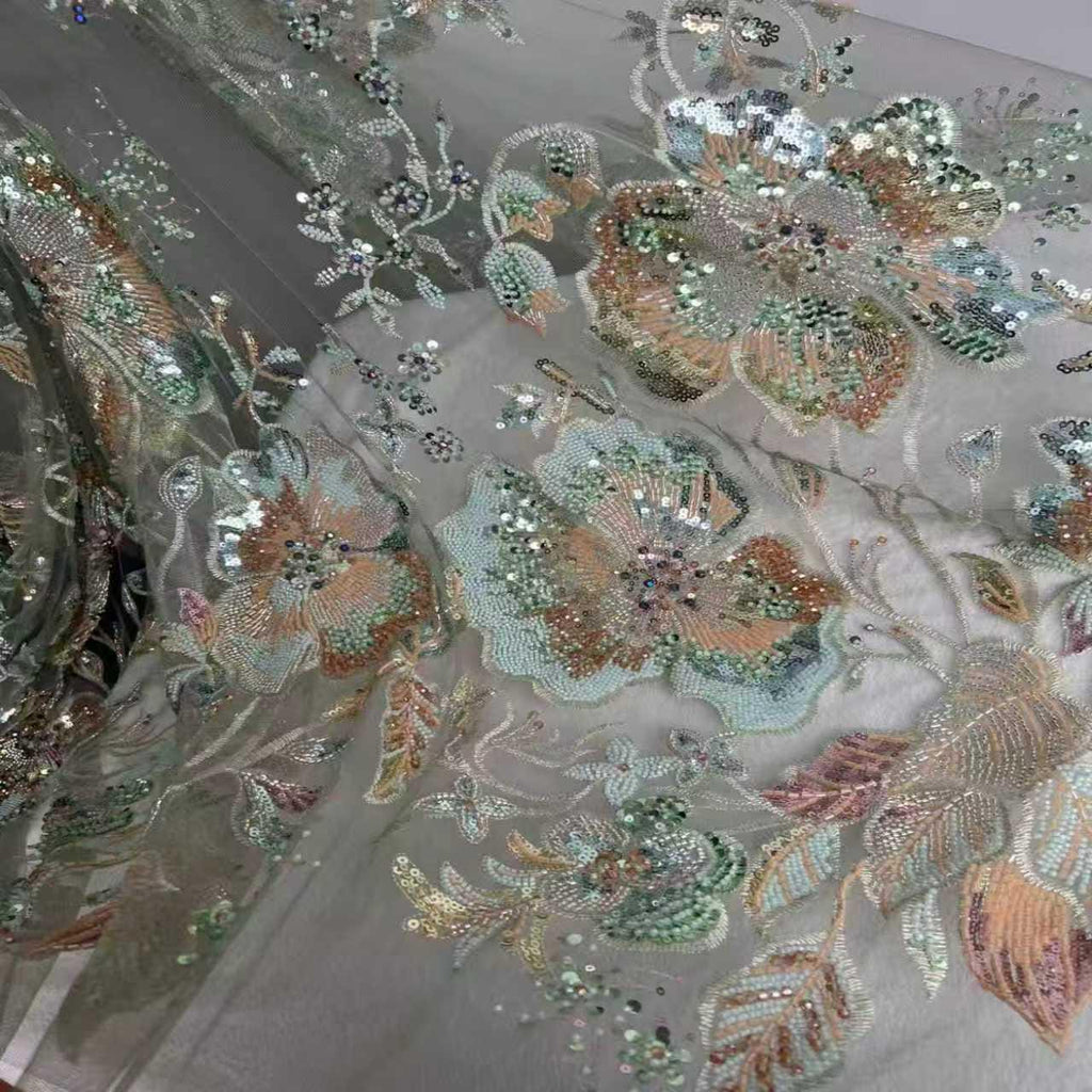 Luxury Beaded Embroidered Tulle Fabric by the Yard, Sequin Bridal Lace for Couture Wedding Dress