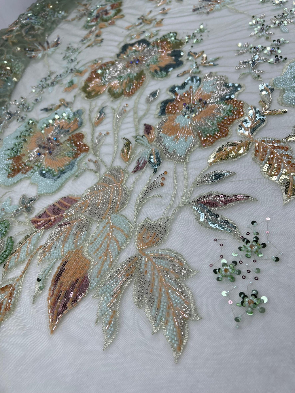 Mint Green Beaded Sequin Lace Fabric Vintage Floral Embroidery Tulle Wedding Gown Evening Dress