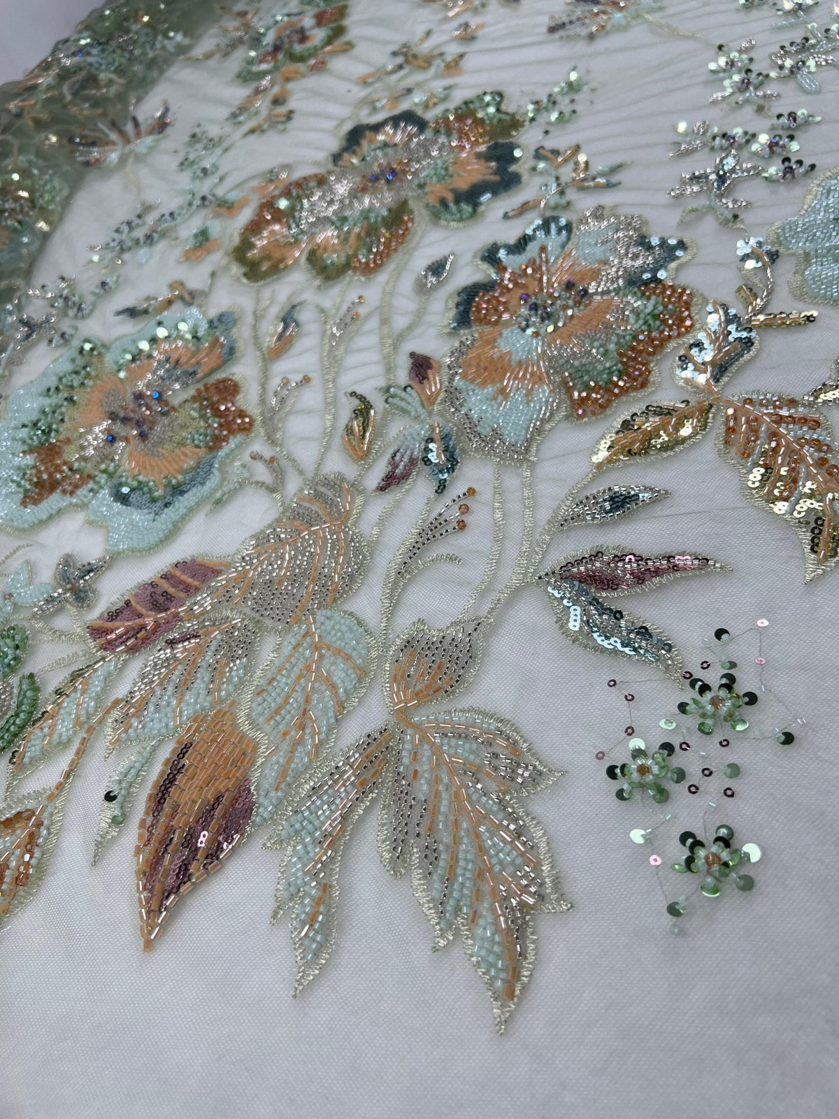 Mint Green Beaded Sequin Lace Fabric Vintage Floral Embroidery Tulle Wedding Gown Evening Dress