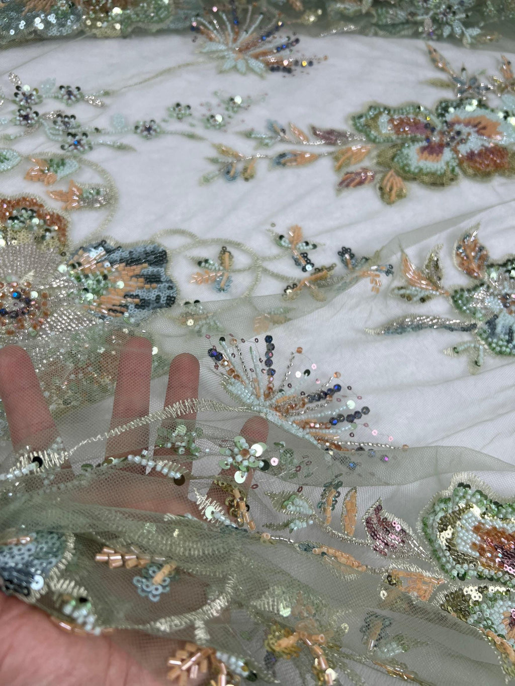 Mint Green Beaded Sequin Lace Fabric Vintage Floral Embroidery Tulle Wedding Gown Evening Dress