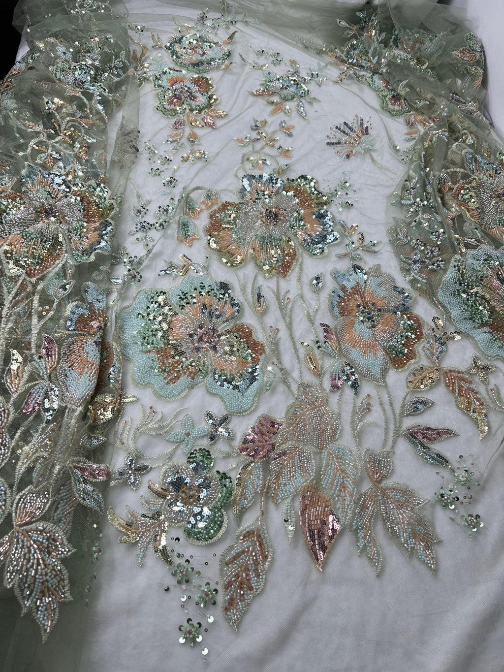Mint Green Beaded Sequin Lace Fabric Vintage Floral Embroidery Tulle Wedding Gown Evening Dress