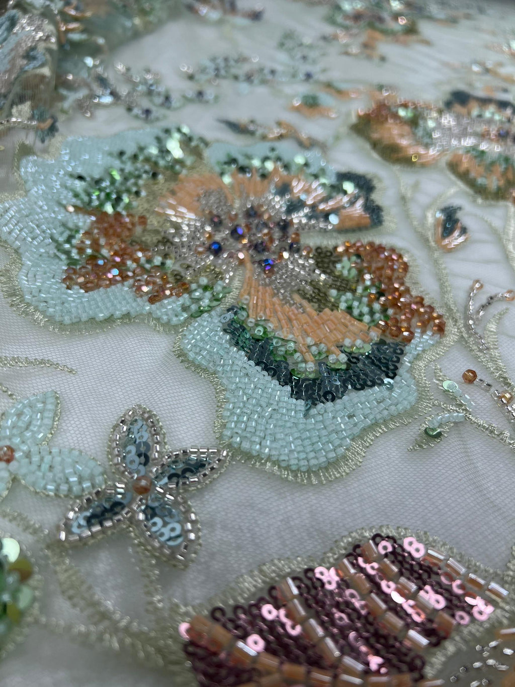 Mint Green Beaded Sequin Lace Fabric Vintage Floral Embroidery Tulle Wedding Gown Evening Dress