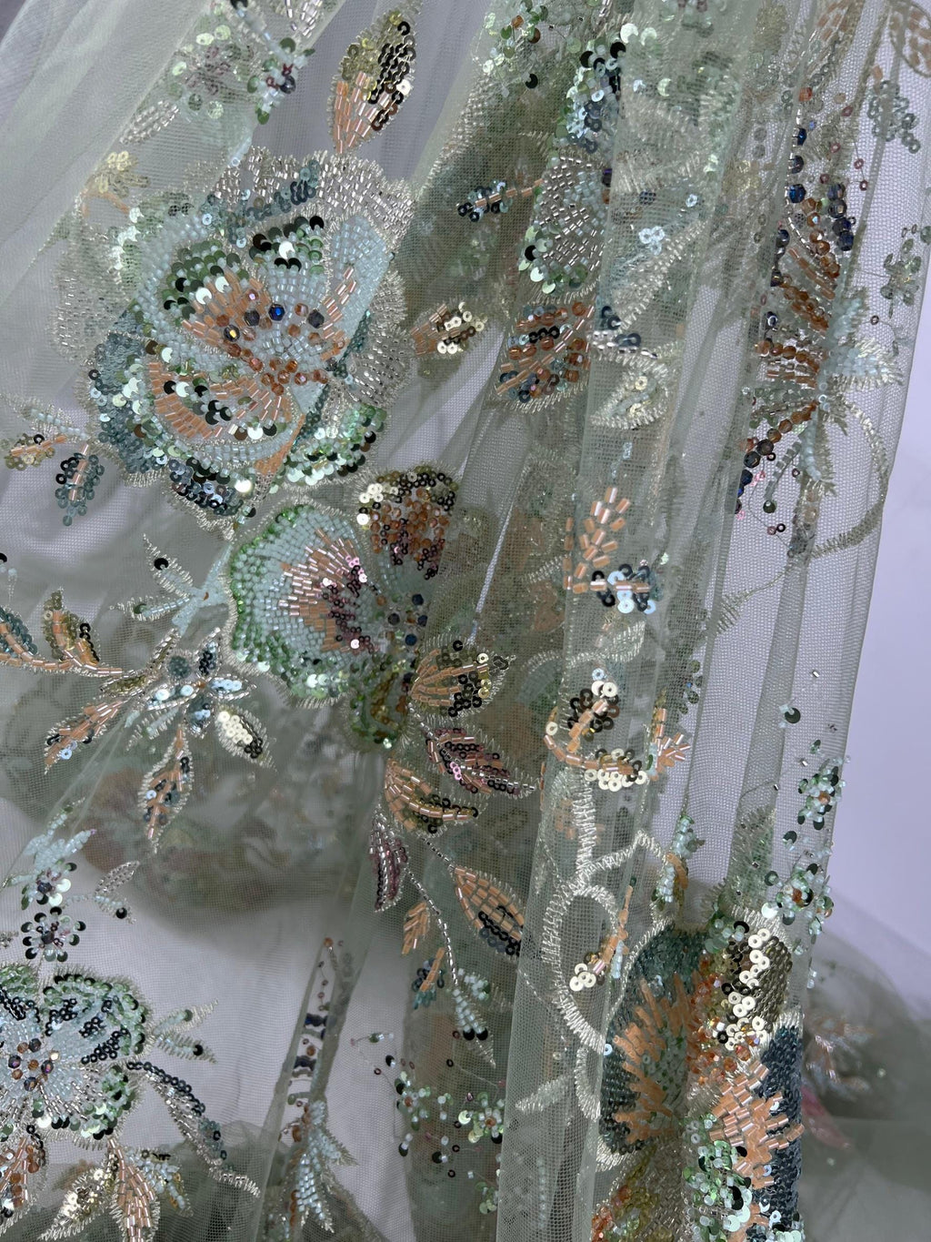 Mint Green Beaded Sequin Lace Fabric Vintage Floral Embroidery Tulle Wedding Gown Evening Dress