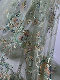 Mint Green Beaded Sequin Lace Fabric Vintage Floral Embroidery Tulle Wedding Gown Evening Dress